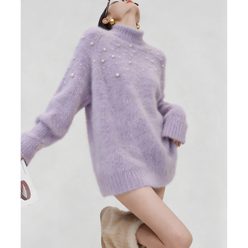 Japanese-Style High-Neck Beaded Pullover Casual Elegant Long-Sleeve Purple Plush Knit Sweater Soft Loose Autumn and Winter Sweater