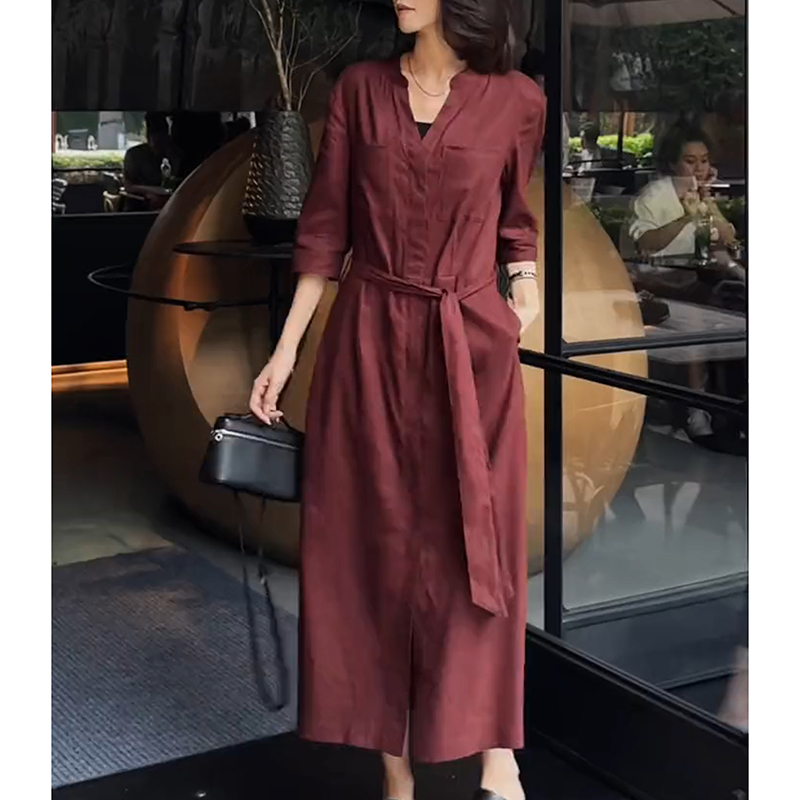 French-Style Fashion, High-End, Elegant, Dignified, Simple, Graceful, and Appropriate, Covers the Body, Makes You Look Slimmer, Burgundy Dress for Summer