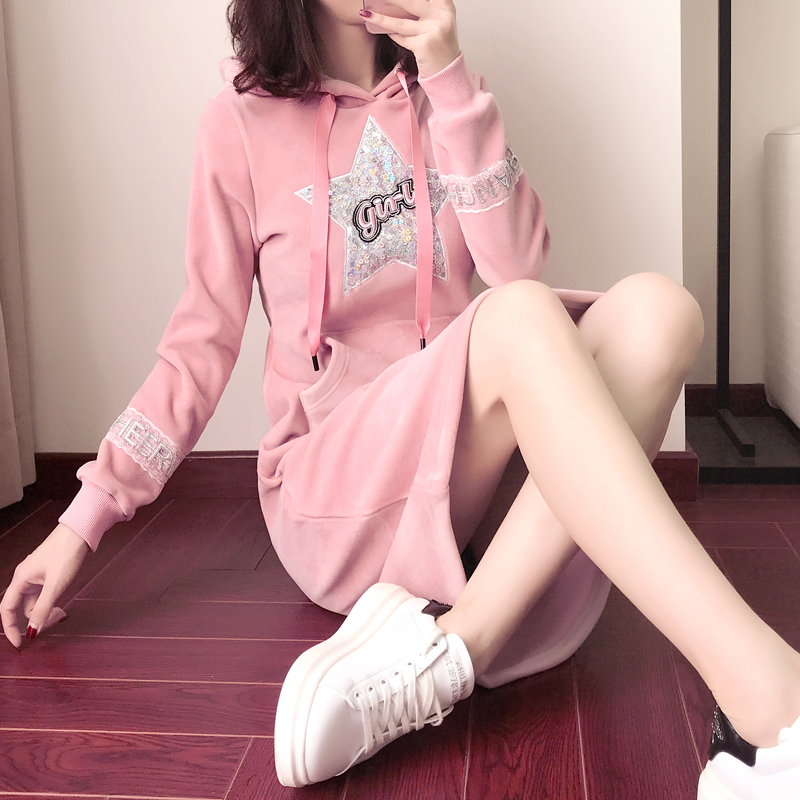 Golden Velvet Autumn Winter Long Edition Over Kneecap Woman 2022 New Korean version Loose Plus Suede Thickened with Caps Ocean Dress