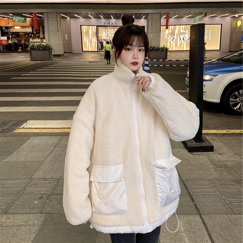 Winter cotton clothes 2021 new female Korean version loose casual small lamb velvet cardigan plus velvet thick coat