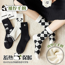 Black warm socks womens middle tube socks autumn and winter pure cotton bottom thickening plus velvet stockings Japanese cute towel socks