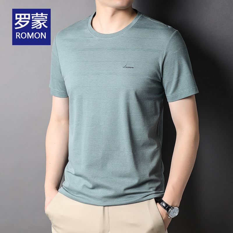 Romon men's ice silk short-sleeved t-shirt round neck thin section half-sleeved dad summer dress mercerized cotton middle-aged and elderly jacket men