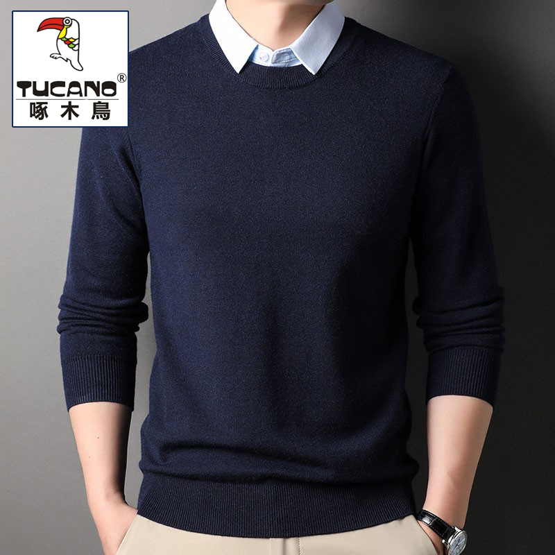 Woodpecker Brand Fleece-Lined Thickened Men's Sweater, Faux Two-Piece Winter Pullover with a Turn-Down Collar, Knitted Base Layer Long-Sleeve T-Shirt for Men