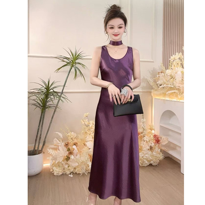 [Free Ribbon] Spring/Summer New Acetate Satin Tank Top Mermaid Dress Versatile Elegant Slimming Solid Color Long Dress
