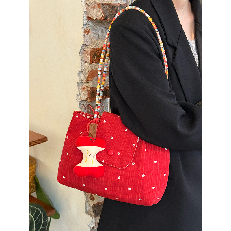 Korean-Style Red Floral Canvas Bag 2026 New Large-Capacity Sweet Shoulder Tote Bag Niche Commuter Underarm Bag