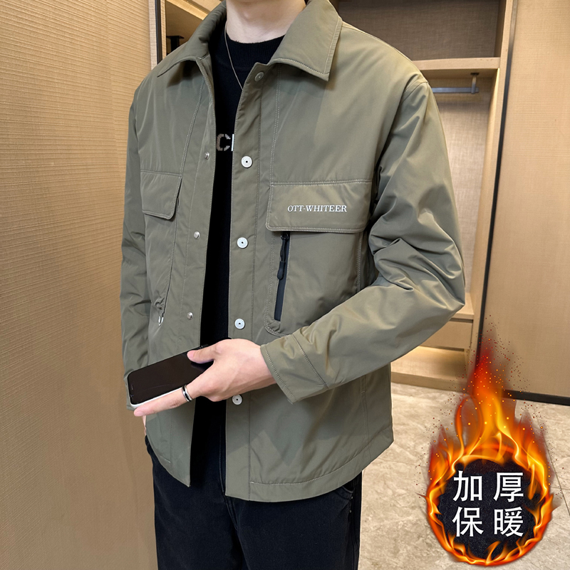 2025 New Autumn and Winter Men's Trendy Slim Fit Lapel Cotton Jacket, Thickened and Warm, Lightweight Cotton Coat