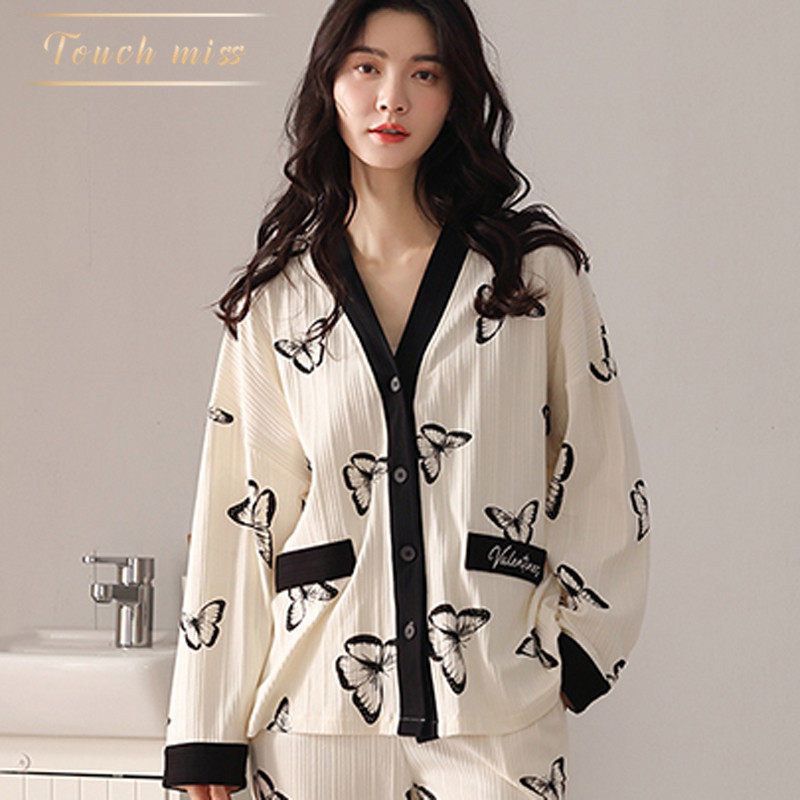 TOUCH MISS cotton pajamas set 2022 new long-sleeved two-piece large size cartoon anime home clothes women