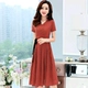 Gamma mát tay ngắn phần dài Một váy chữ chấm cổ chữ V giữa eo tay áo đi lại váy 903 váy xòe A-Line Váy