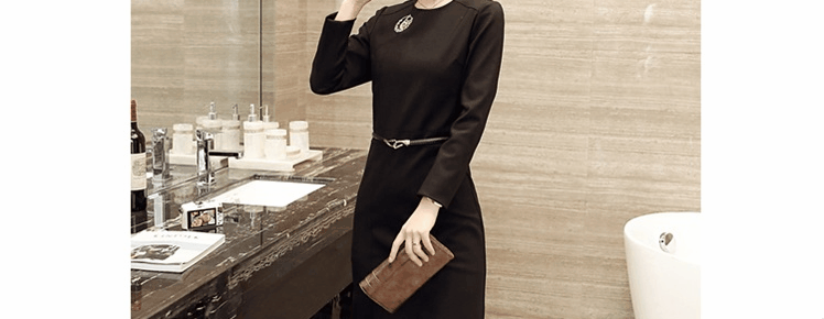 Mát ga mùa xuân mới giữa váy dài tay thời trang vòng cổ màu rắn ngọt dress 081 mà không có vành đai shop quần áo nữ