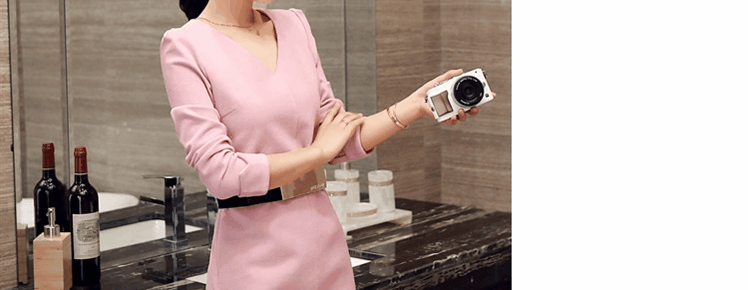 Mát mẻ gaga mùa xuân dài tay áo kích thước lớn trung bình dài loại h mỏng rắn màu mỏng v- cổ đầm 860 mà không có vành đai váy suông