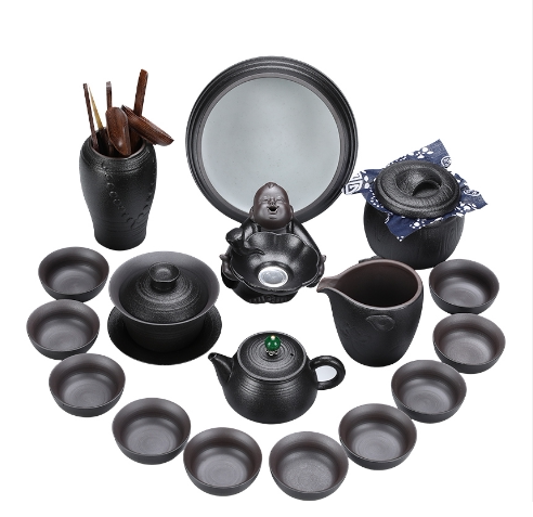 Palace style black pottery Japanese style Kung Fu tea set gift box Rough pottery tea set Home office tea set tea cup and teapot set