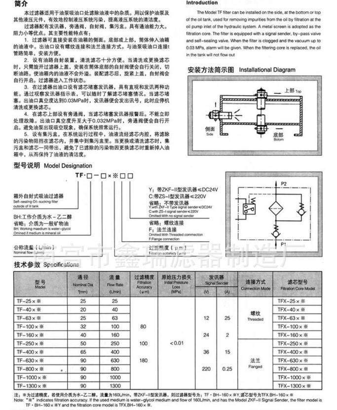 Фильтр tf-100/160/250/400/630/800/1000*80/100/180f-y黎明吸油过滤器