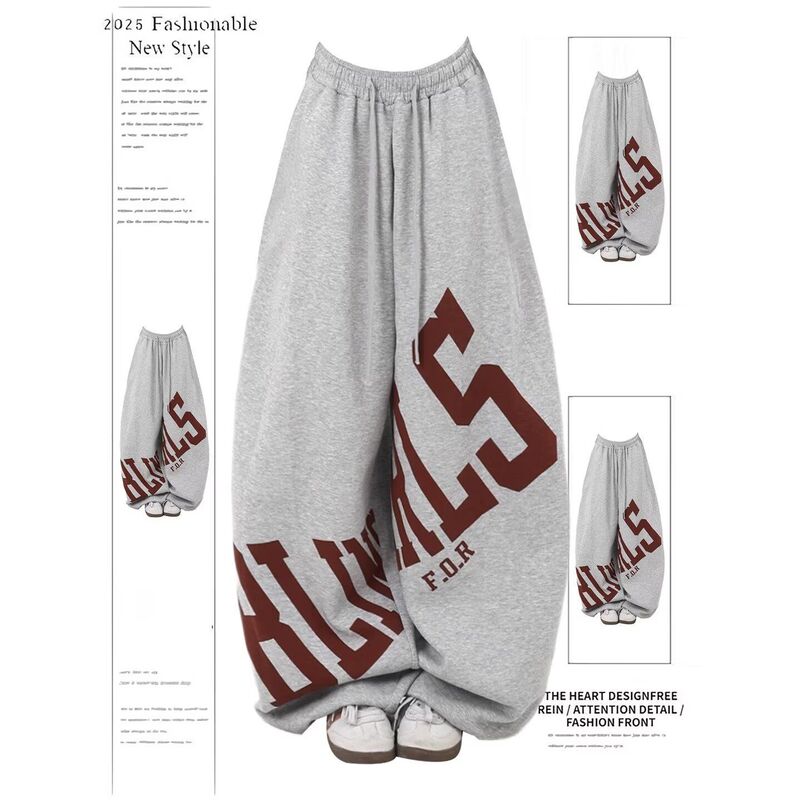 American Retro Letter Print Gray Wide-Leg Sweatpants for Women, Autumn and Winter Design, Loose-Fitting Dance Casual Sports Pants