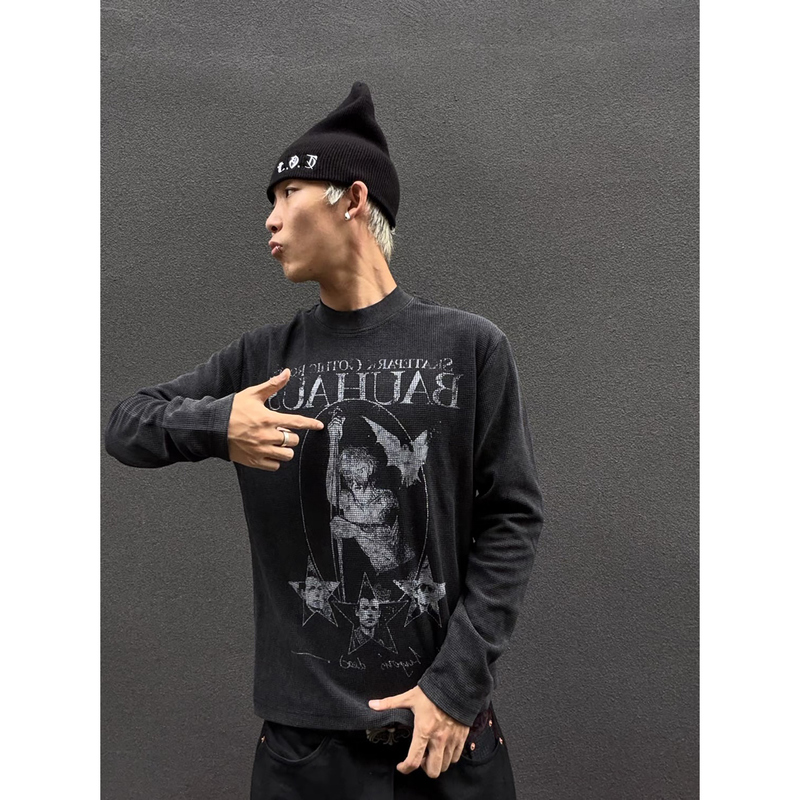 Skatepark "Dracula Godfather" Vintage Waffle-Patterned Long-Sleeve Crew Neck T-Shirt Top