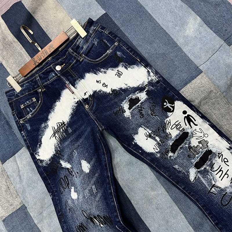Guangzhou High-End Version + Four-Button Three-Dwarf European and American Style New Ripped Patch Jeans for Men, Street Style Distressed Pants