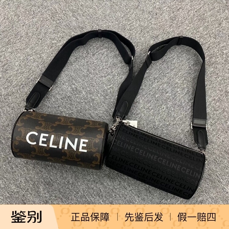 【Kkkk】Celine Celine Cylindrical Bag with Logo Print, Fabric and Cowhide Leather Combination, Crossbody Shoulder Bag