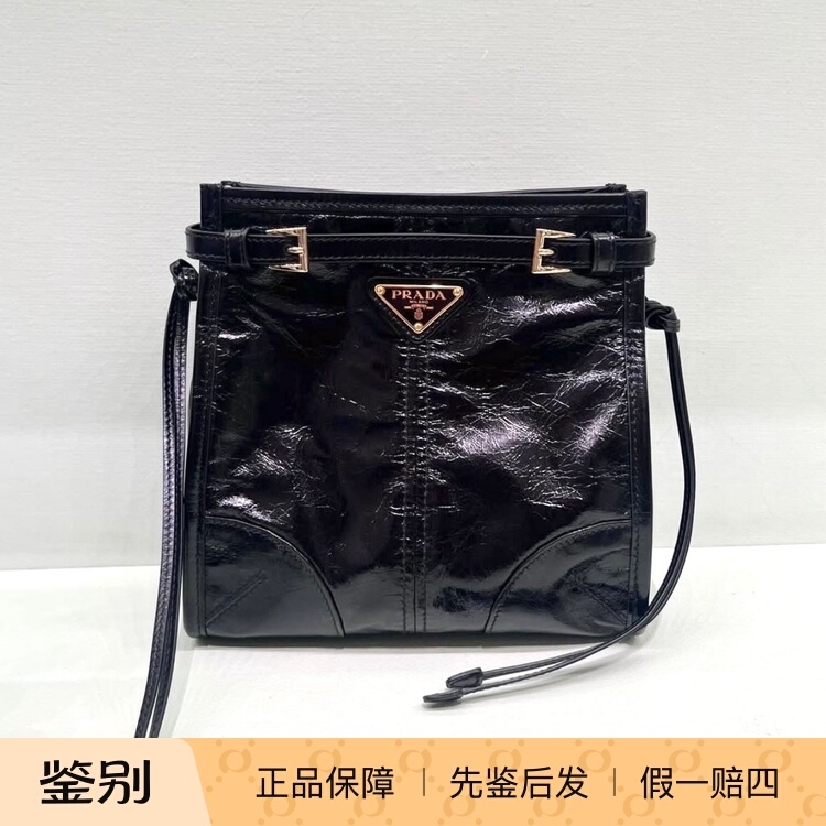 【Kkkk】Prada Bonnie Enamel Triangular Logo Cow Leather Shoulder Bag Black