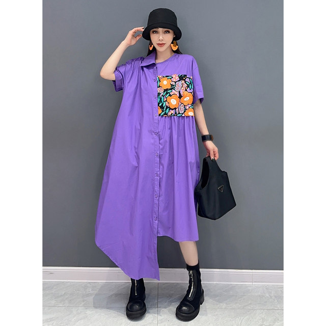 2024 new summer dress short-sleeved splicing irregular long shirt skirt literary style loose fashionable women's clothing