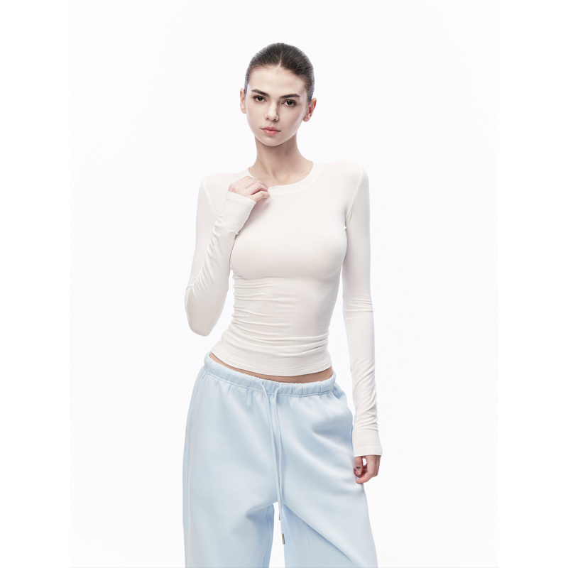 Jlaunt White Long-Sleeved T-Shirt for Women, Summer Slim Fit Inner Wear, Regular Shoulder T-Shirt, Round Neck Base Shirt, American Style Spicy Girl Top