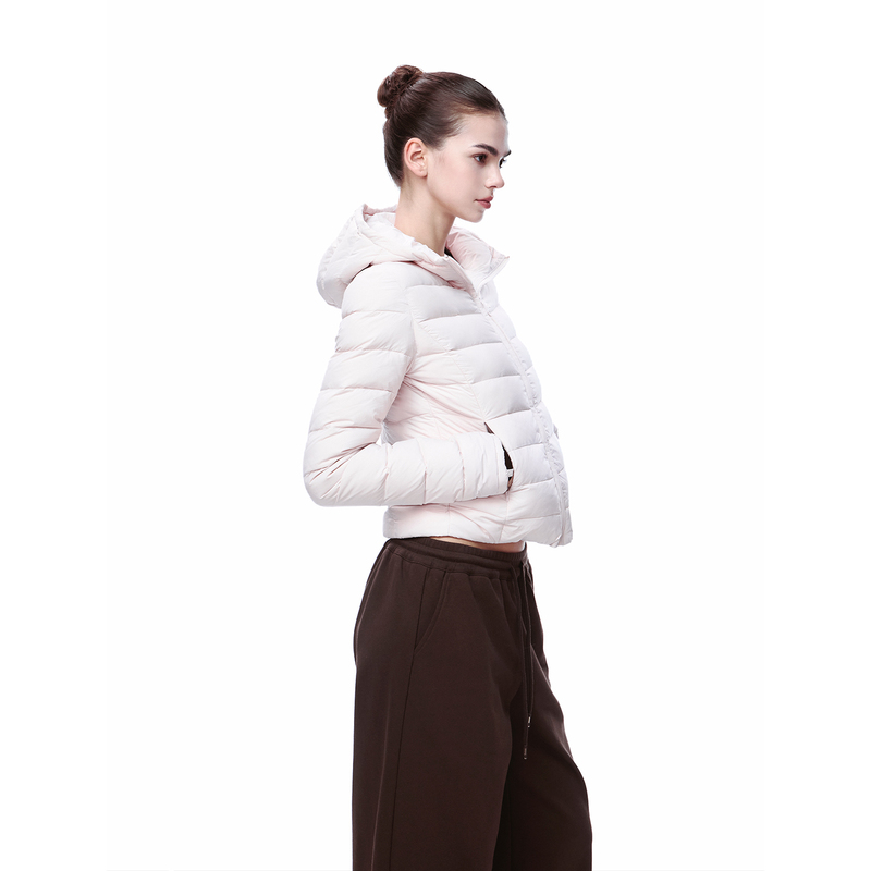 Jlaunt Pink Ribbed down Jacket for Women, Autumn and Winter Slim Fit, Casual American Style, Warm Hooded Coat