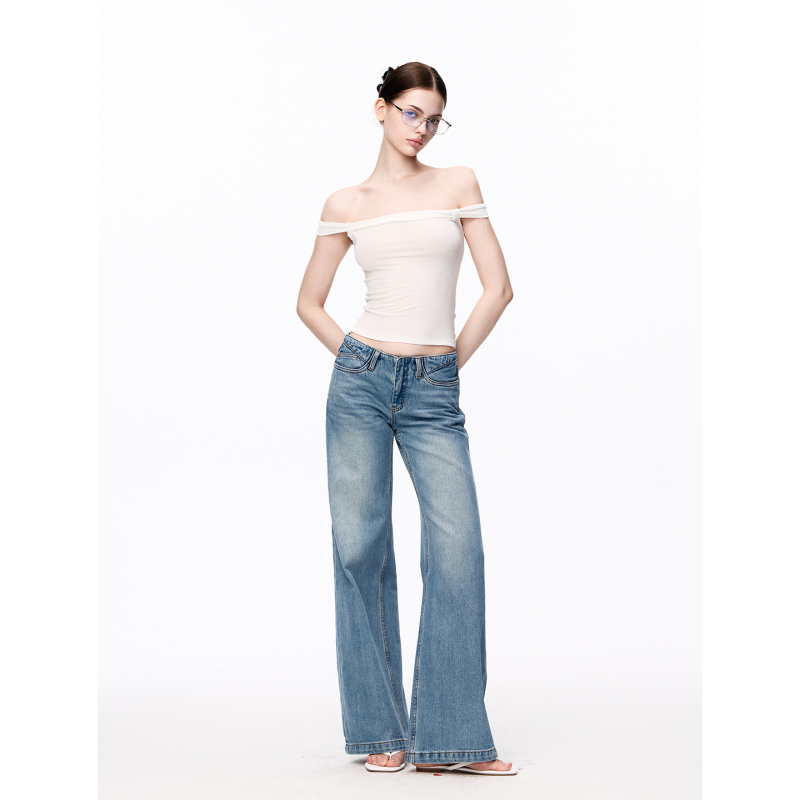 Jlaunt American Retro Jeans for Women, Designer Low-Waist Straight Casual Pants, Long Blue Wide-Leg Pants