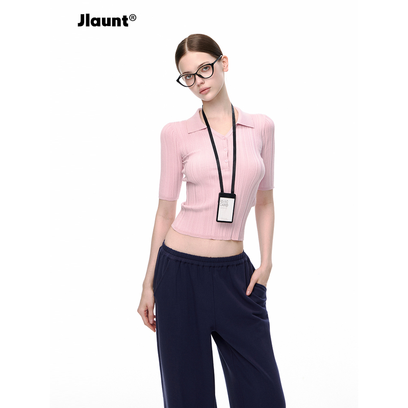 Jlaunt Pink Polo Collar Knitwear for Women, Summer and Early Autumn, Slim Fit, Slimming, Three-Quarter Sleeve T-Shirt, Knitted Short-Sleeve Top