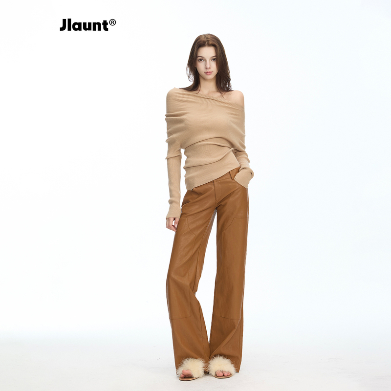 Jlaunt Retro Brown Pu Leather Pants for Women, Stylish Slimming Straight-Leg Wide-Leg Casual Pants, High-Waisted Flared Pants