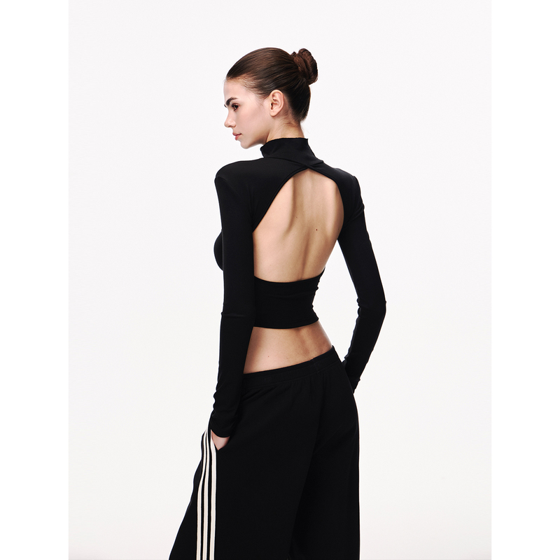 Jlaunt Tencel Long-Sleeve T-Shirt for Women with a Unique Design, Hollow-Out Style, American-Style Spicy Girl Half-High Collar Black Backless Top