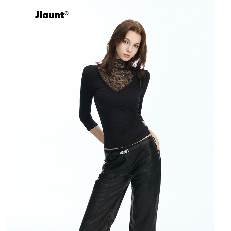 Jlaunt Black Long-Sleeve T-Shirt for Women, Autumn Design, Slim Fit, Base Layer, Lace Splicing, Trendy Top