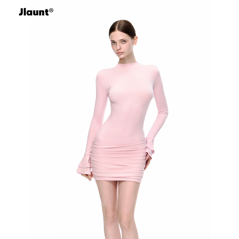 Jlaunt Pink Long-Sleeved Dress for Women, Autum Design, Slim Fit, Slimming Inner Layer, Hip-Hugging Short Skirt Jlaunt Pink Long-Sleeved Dress for Women, Autum Design, Slim Fit, Slimming Inner Layer, Hip-Hugging Short Skirt