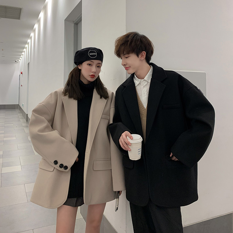 Short windbreaker men's Korean version trend loose couple's coat handsome bf autumn and winter casual students all-match woolen coat