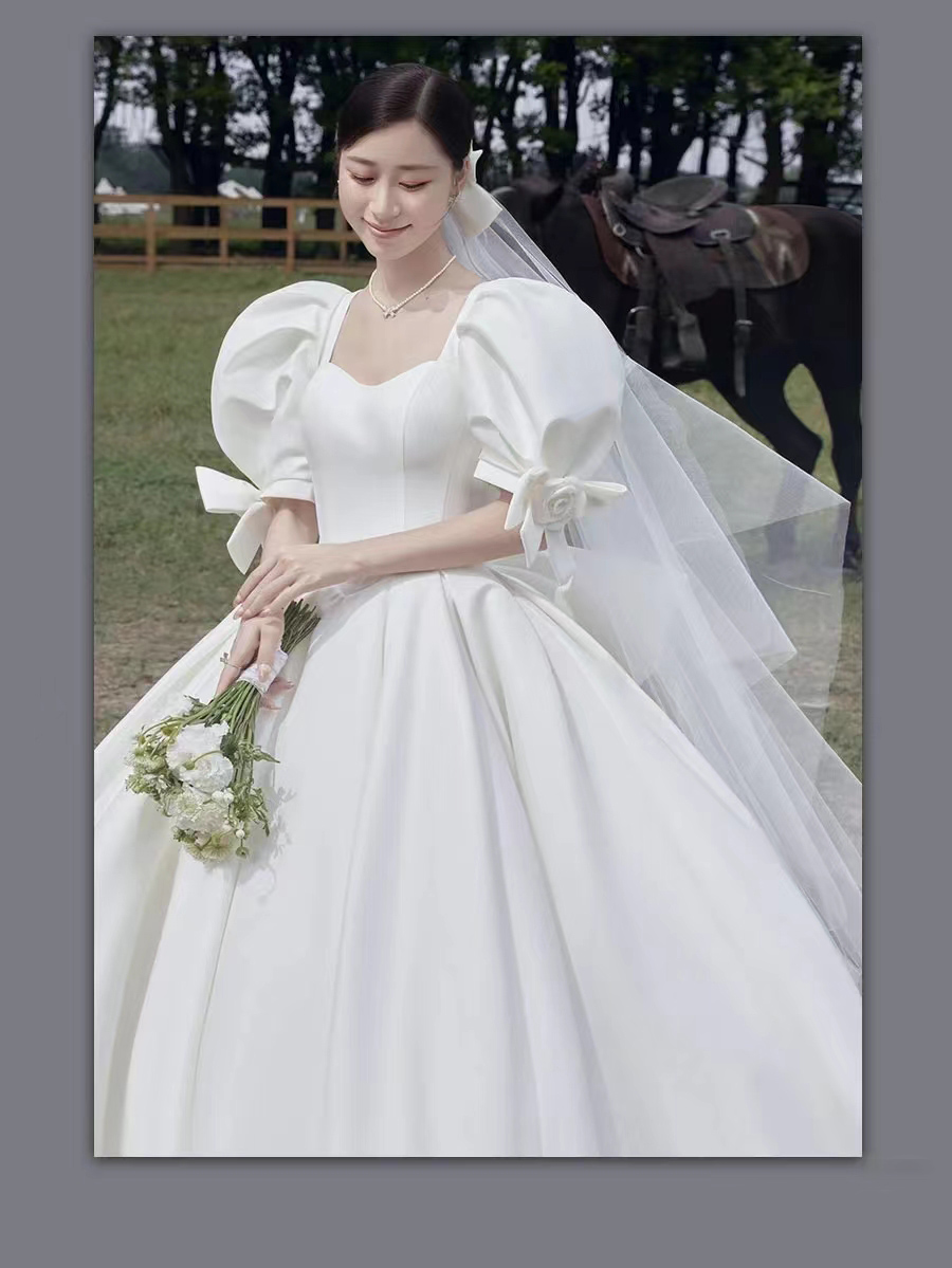 Satin main wedding dress 2024 new big drag out door gauze French court style retro big size bow bubble sleeve Satin main wedding dress 2024 new big drag out door gauze French court style retro big size bow bubble sleeve