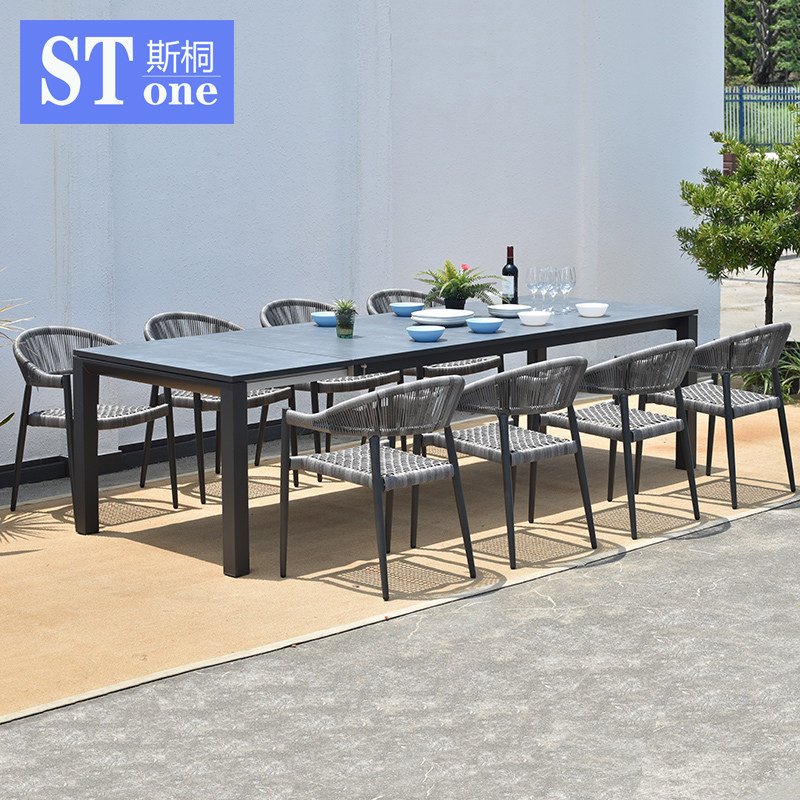 Outdoor table and chairs 280CM telescopic porcelain glass long table rattan chair terrace courtyard garden leisure villa outdoor dining table