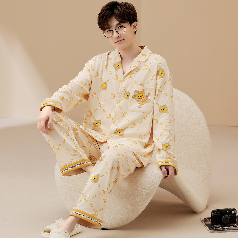 Long-Sleeved Pajamas for Men, Spring and Autum Style, Pure Cotton, Casual, Simple Home Wear, Boys' Autum Cotton Cardigan Cartoon Suit Long-Sleeved Pajamas for Men, Spring and Autum Style, Pure Cotton, Casual, Simple Home Wear, Boys' Autum Cotton Cardigan Cartoon Suit