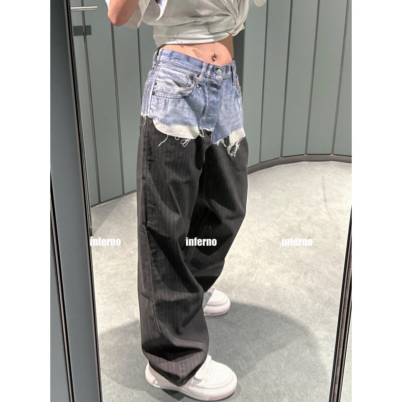 Flame ▼ Spring and Summer American Style Niche 1996 Patchwork Jeans for Women, Loose Retro Straight-Leg Slimming Casual Long Pants