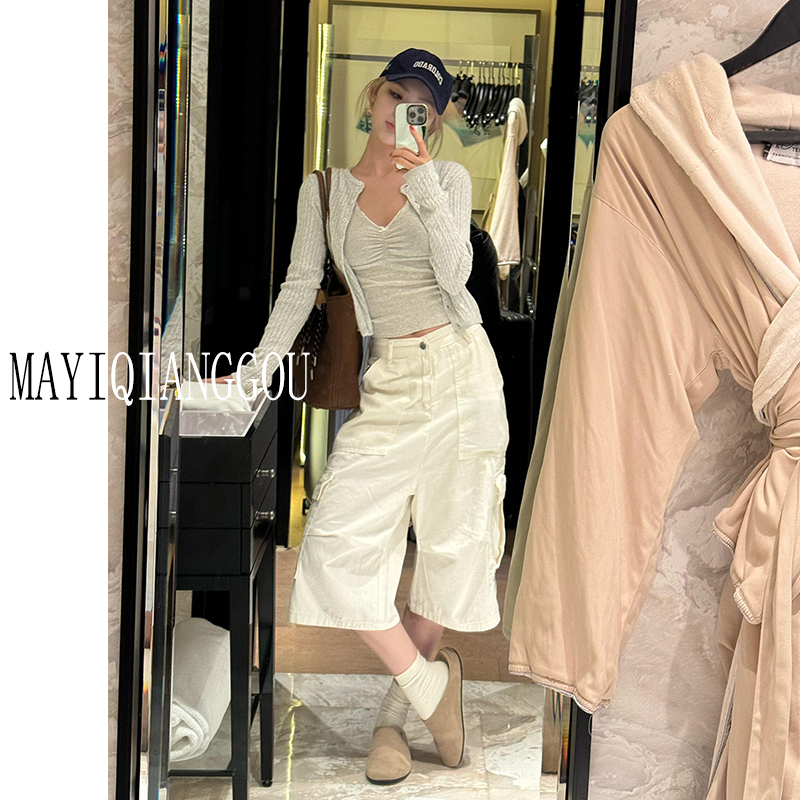 Summer Thin White Cargo Pants for Women, 2025 New Style, Multi-Pocket Denim Capri Pants, Casual Mid-Length Pants