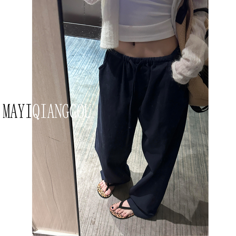 175 Tall Lengthened 180 Navy Blue Cotton-Linen Pants for Women, Summer Linen High-Waisted Drapey Loose Casual Wide-Leg Pants