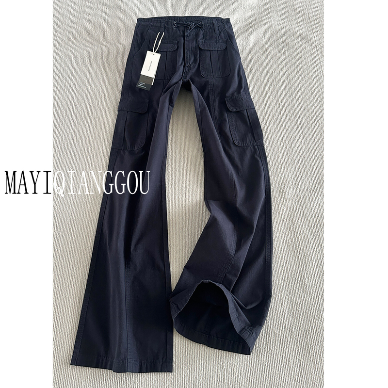Long Navy Blue Multi-Pocket Cargo Pants for Tall Women, Spring/Summer American Style, Low-Waist Slim Straight Casual Pants