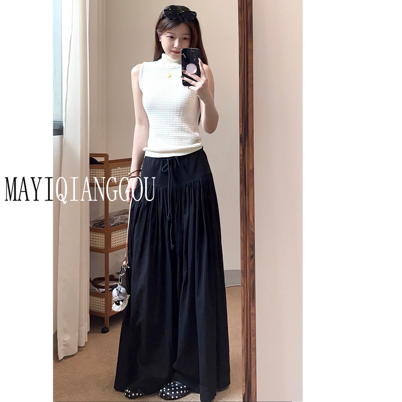 175cm Tall Version, Relaxed Fit, Black Flared Skirt Pants for Women, Summer Drapey, Slimming Wide-Leg Skirt Pants 175cm Tall Version, Relaxed Fit, Black Flared Skirt Pants for Women, Summer Drapey, Slimming Wide-Leg Skirt Pants