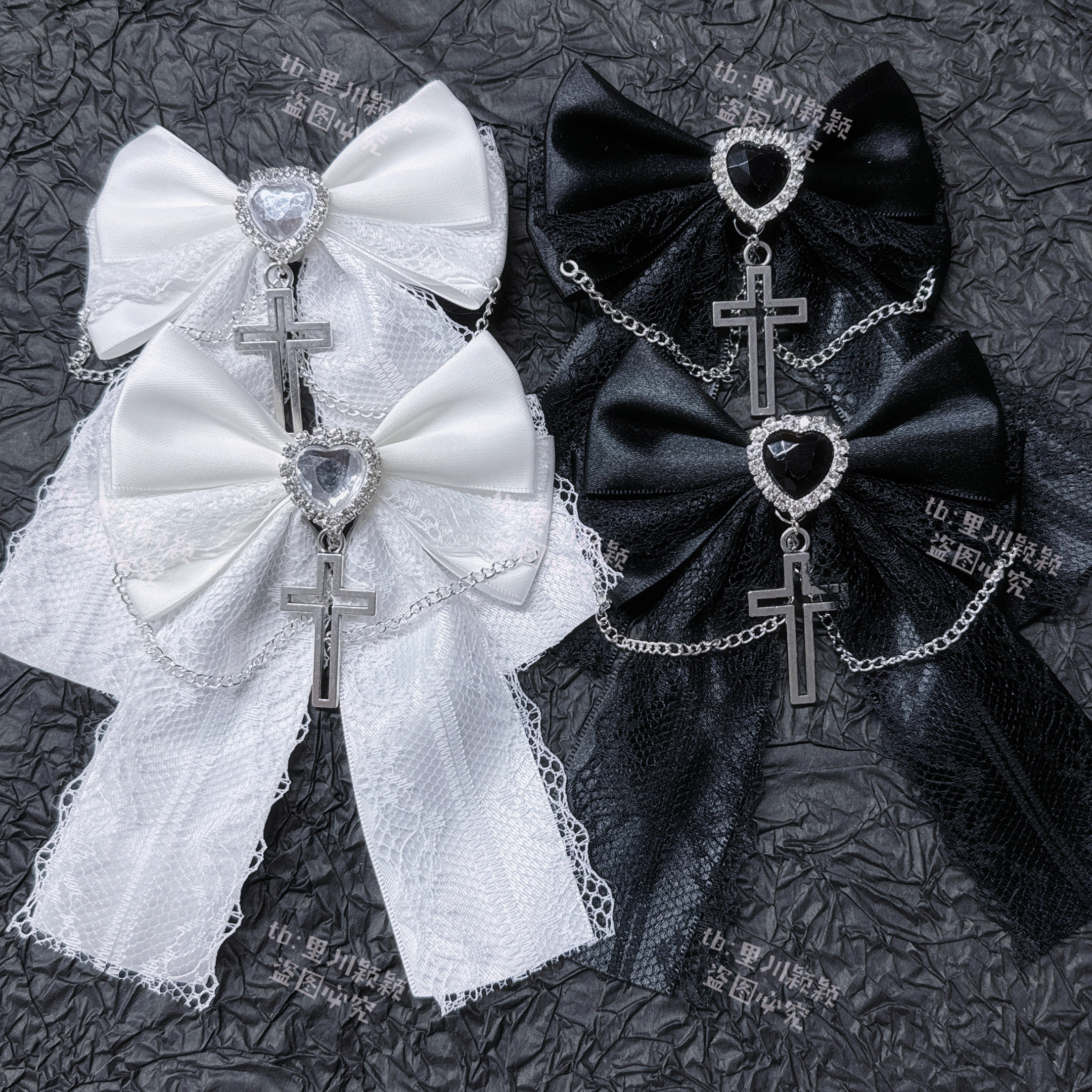 Original chain lace hair accessory with bow, exquisite dark gothic cross, price per pair