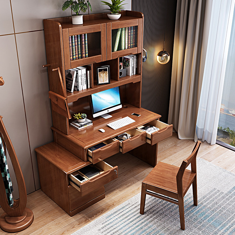 Chinese style solid wood desk bookcase bookshelf integrated home desktop computer desk student writing desk study furniture set