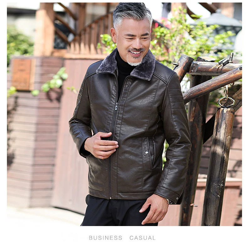 Áo khoác mùa đông cho bố 40 tuổi 50 nam trung niên PU da mùa đông mới cộng với nhung dày 60 quần áo cotton áo khoác cặp