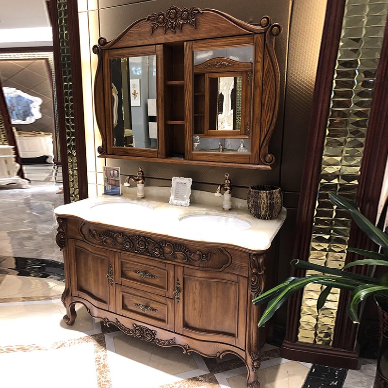 European-Style Red Oak Double-Basin Bathroom Cabinet Solid Wood Antique Bathroom Cabinet Bathroom Marble Washbasin Hand-Washing Basin European-Style Red Oak Double-Basin Bathroom Cabinet Solid Wood Antique Bathroom Cabinet Bathroom Marble Washbasin Hand-Washing Basin