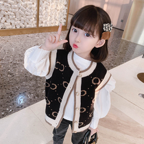Girls waistcoat Knitted Spring Autumn Clothing Jacket 2022 New Female Baby Outside Wearing Sweatline Vest Foreign Air Cardio-shoulder