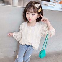 Girl Spring Dress Shirt 2022 New Early Spring Lace Linen Shirt Woman Baby Foreign Air Long Sleeve Jeans Suit Korean version