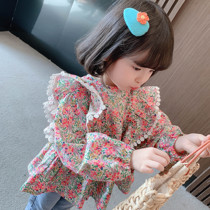Girls fall shirt 2021 baby pure cotton Korean version crushed flower lining clothes foreign air male flying sleeve main blouse doll-shirt tide