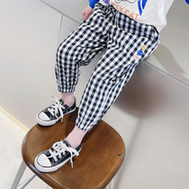 Girls checkered casual pants 2022 new spring dress female baby foreign gas mesh infrared wearing long pants small and small boy pants long