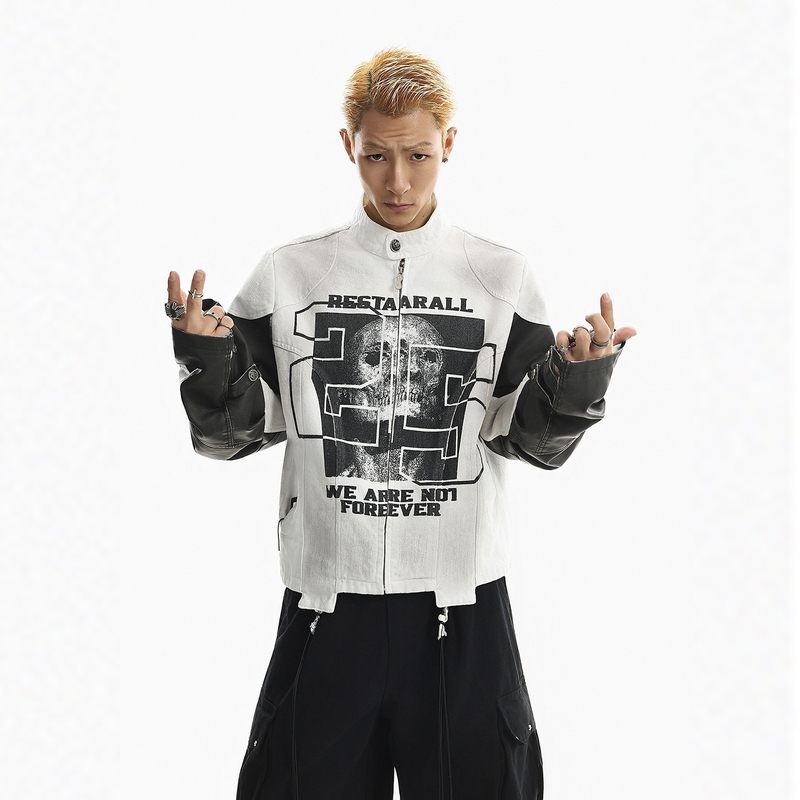 Betebule American Style Trendy Brand Skull Print Stand Collar Jacket for Men, Spring Cool and Stylish High-End Biker Style Short Jacket