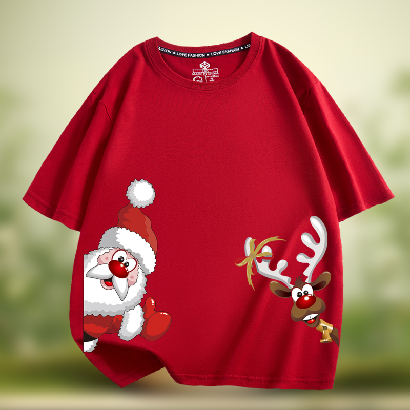 2025 Christmas Red Short-Sleeved T-Shirt Loose Fit Pure Cotton Festive Base Half-Sleeve Unisex Santa Claus Clothing