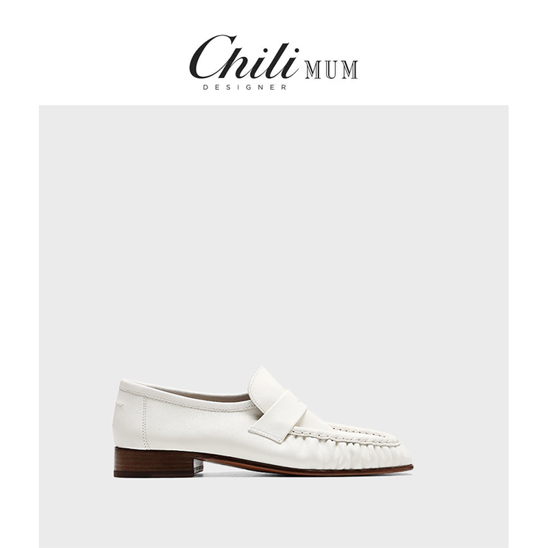 Chilimum Sage Loafers for Women, Low-Heeled, Ruched, Niche Designer Genuine Leather Shoes, Classic Small Leather Shoes